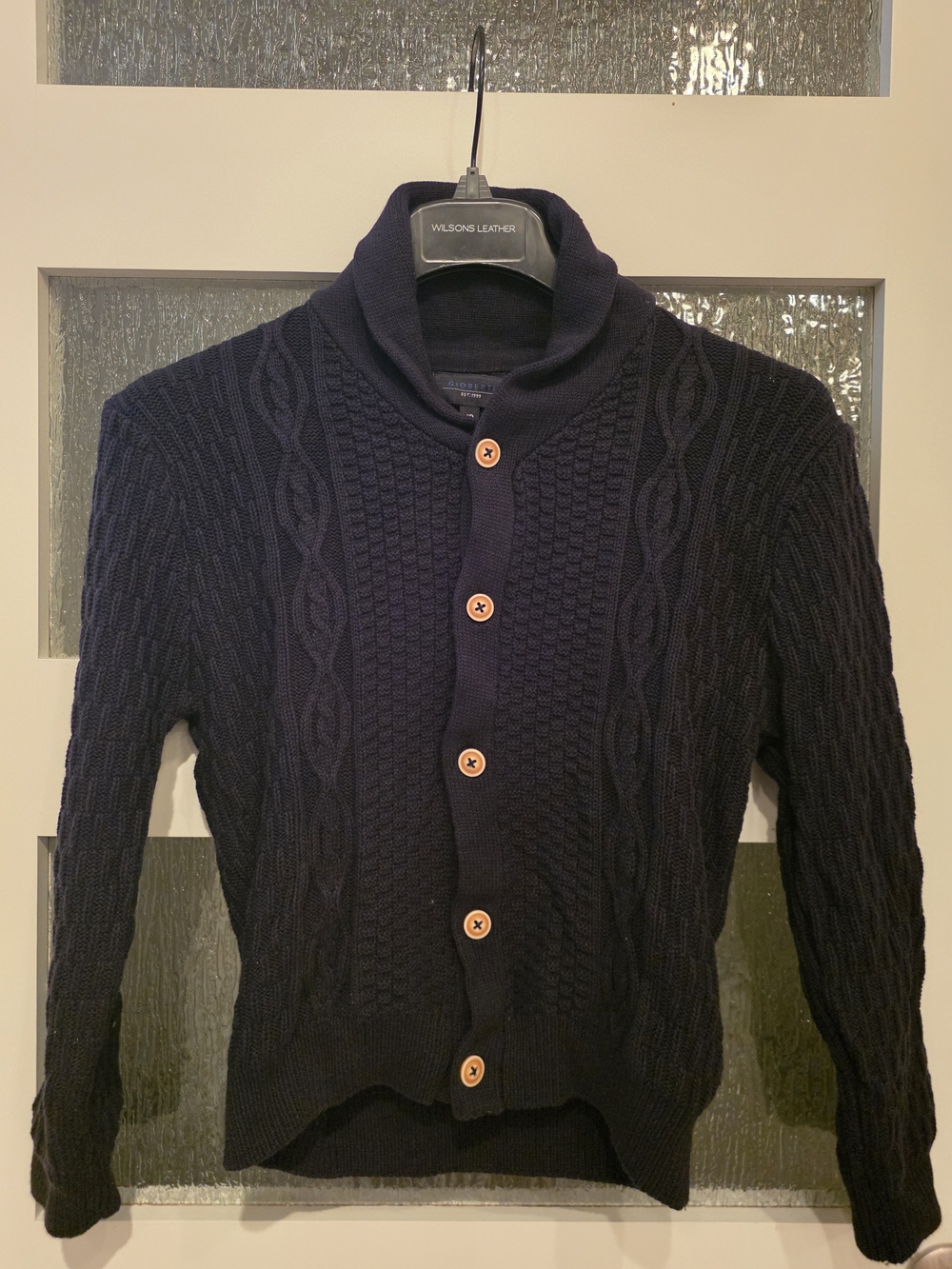 Navy Cable Knit Shawl Cardigan with Contrast Buttons